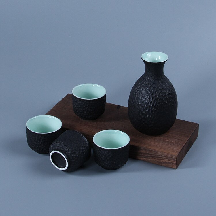 Sahi ensemble de 4 tasses à vin en céramique | Glaçage flocon de neige en nid d'abeille, Art saké japonais Flagon Stoup carafe Saka Home Bar: Black
