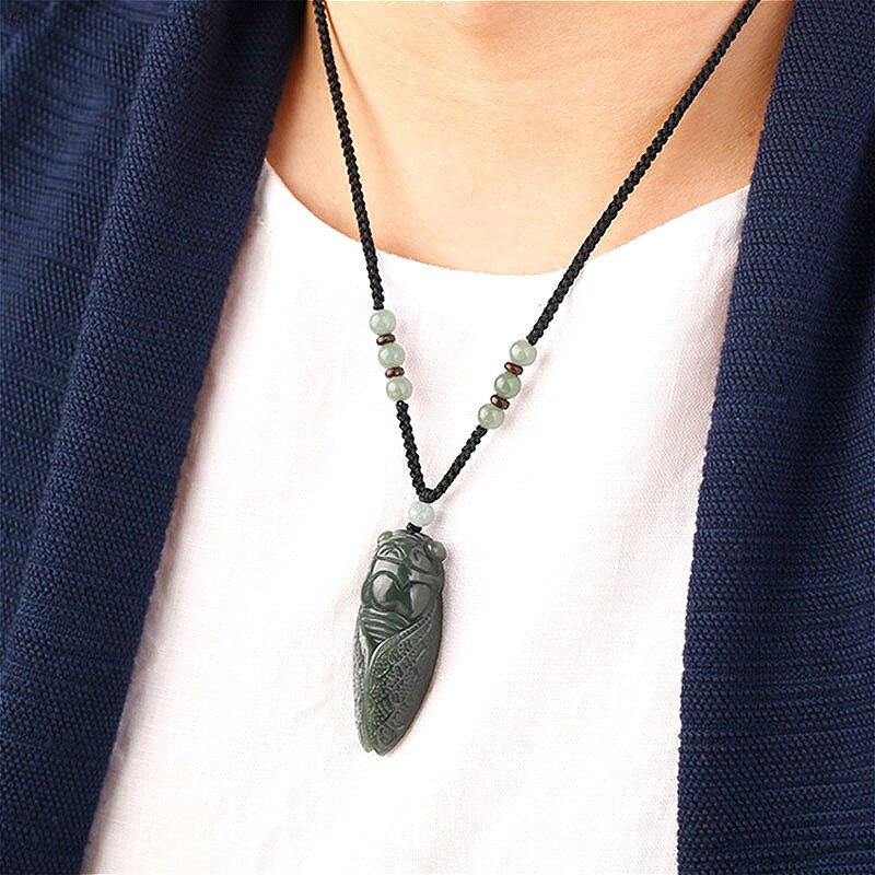 Natural Hetian Jade Cicada Pendant Beads Necklace Charm Jewellery Accessories Hand-Carved Amulet for Women Men