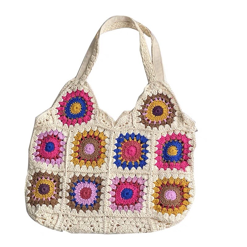 Wit Oma Vierkante Handgemaakte Gehaakte Tas Kleurrijke Bloemen Schoudertas Vintage Stijl Tote Bag Romantische Handtassen Diy Kintting: Default Title