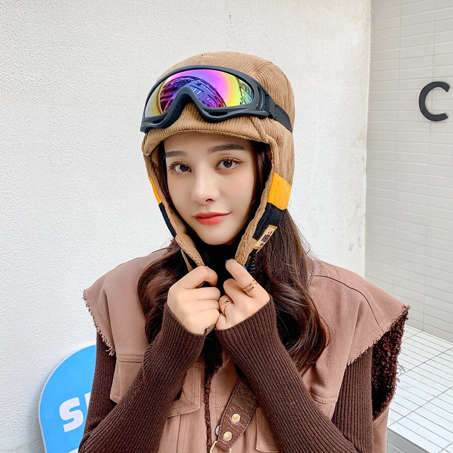 Yqyxcy russische hoed dames winter bomber hoeden met bril gehoorbescherming dikke warme muts gorras russische pet sneeuw gorros: Khaki