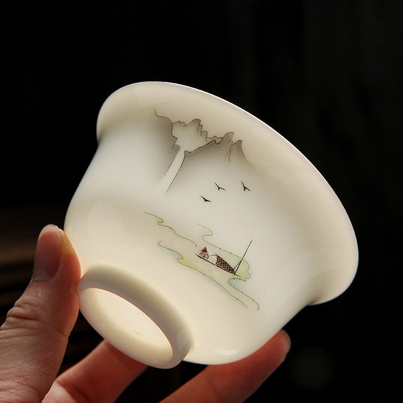 Bol couvert en Jade gras de mouton, porcelaine blanche de couleur surémaillée, Kung Fu, service à thé, service à thé en céramique,