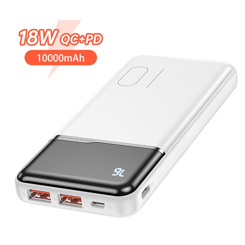 Kuulaa-powerbank portátil de carregador 10000 mah., powerbank de 10000 mah para xiaomi mi 10 9 iphone 12 11 x xr blackview a80 a60.: QC PD White