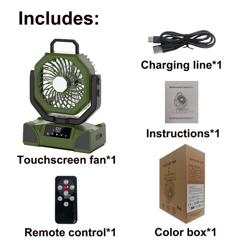 Bureauventilator met verlichting, campingventilator met verlichting, oplaadbare draagbare circulatieventilator, draadloze plafondventilator met powerbank, led-verlichting: Groente