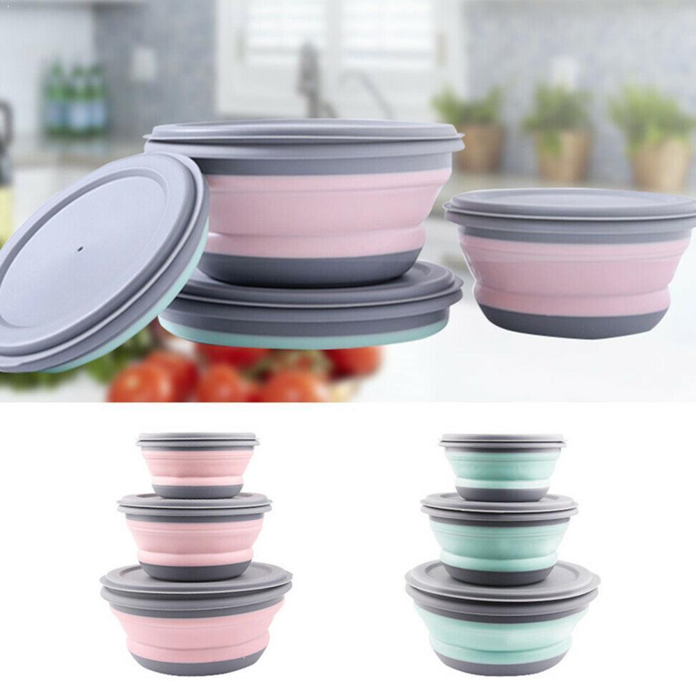 3Pcs Outdoor Reizen Camping Draagbare Siliconen Vouwen Kom Picknick Servies Compressie Bowls Cup Baby Lunch Voedsel Gerechten Platen