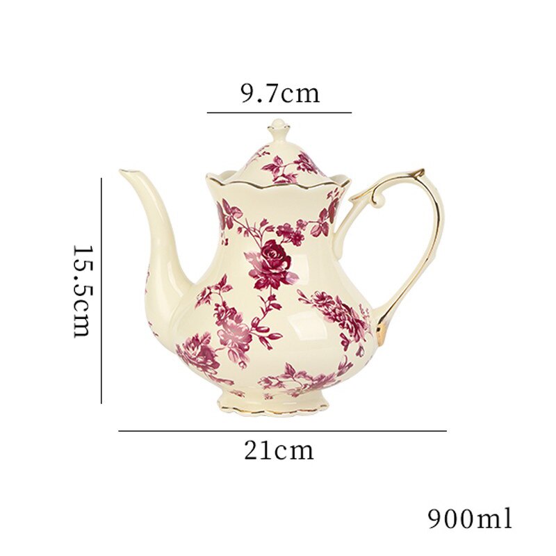 Vintage Blue Teapot Tea Cup Set Rose Ceramic English Country Coffee Cup Saucer Pot Classical Home Kitchen Dessert Cake Plate: Red Pot