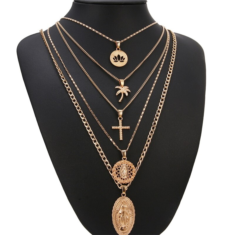 Bohemian Multi-layer Pendant Necklace for Women Vintage Coco Cross Lotus Virgin Mary Collar Choker Bead Chain Jewelry