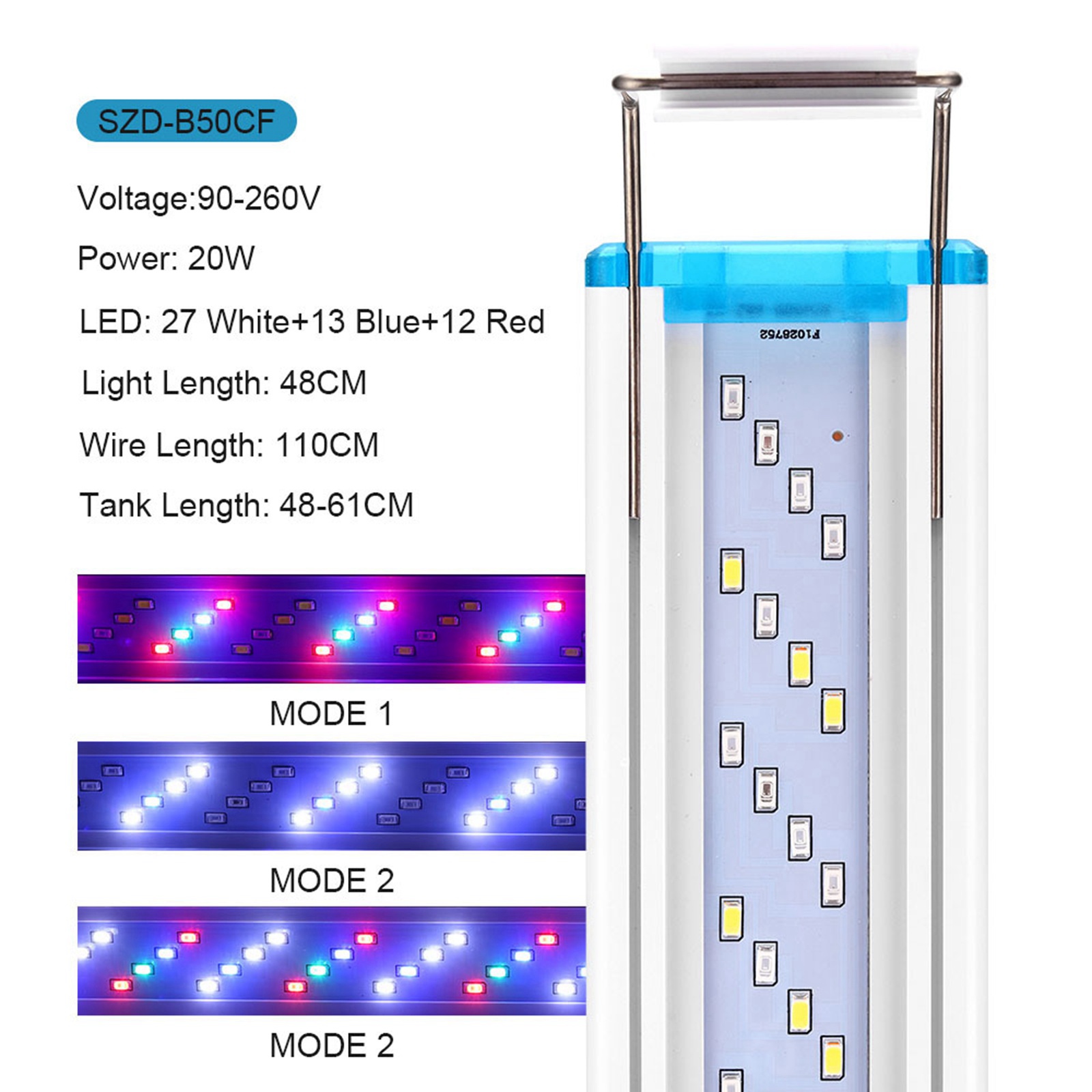 Aquarium LED Light Super Slim Fish Tank Aquatic Plant Grow Lighting 18-48cm Clip on Bracket Lamp For Marine Reef Aquarium: 3 Color 48cm