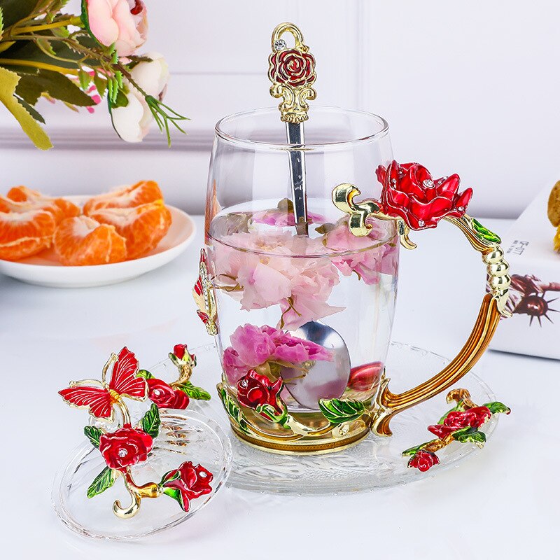 Europäischen Stil Emaille Glas Tasse Kaffee Milch Trinken Blume Getränk Tee Tasse einstellen mit Deckel Löffel Kasten Paar Glas typ bilden: rot hoch Löffel Deckel