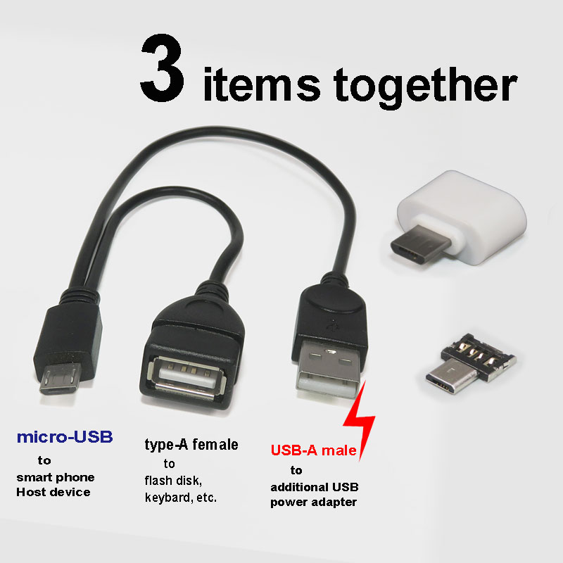 micro-USB OTG Cable with additional power cable USB-A male USB Power cable for long time operation: cable and 2 adapters