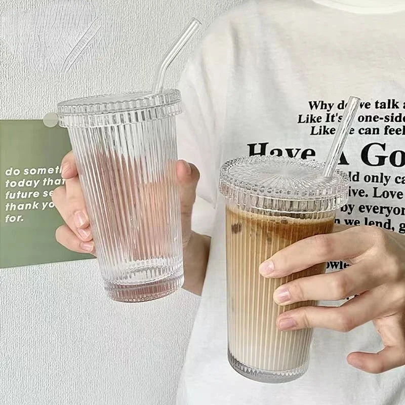 Taza de vidrio a rayas de 375Ml con tapa, Pajita de estilo japonés para beber, tazas elegantes para leche, café, té, de cumpleaños, vasos de whisky