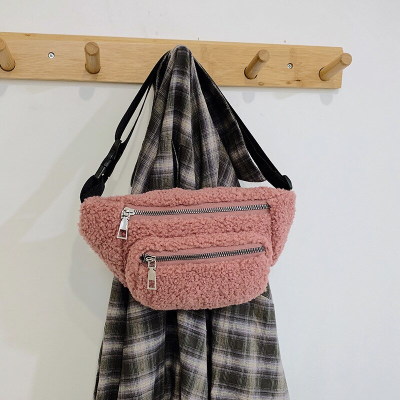 Moda Crossbody torby dla kobiet jagnięta wełna pojedyncze ramię krzyż torba na klatkę piersiowa słodkie pluszowe panie talii torba puszyste kobiece torebki: Różowy