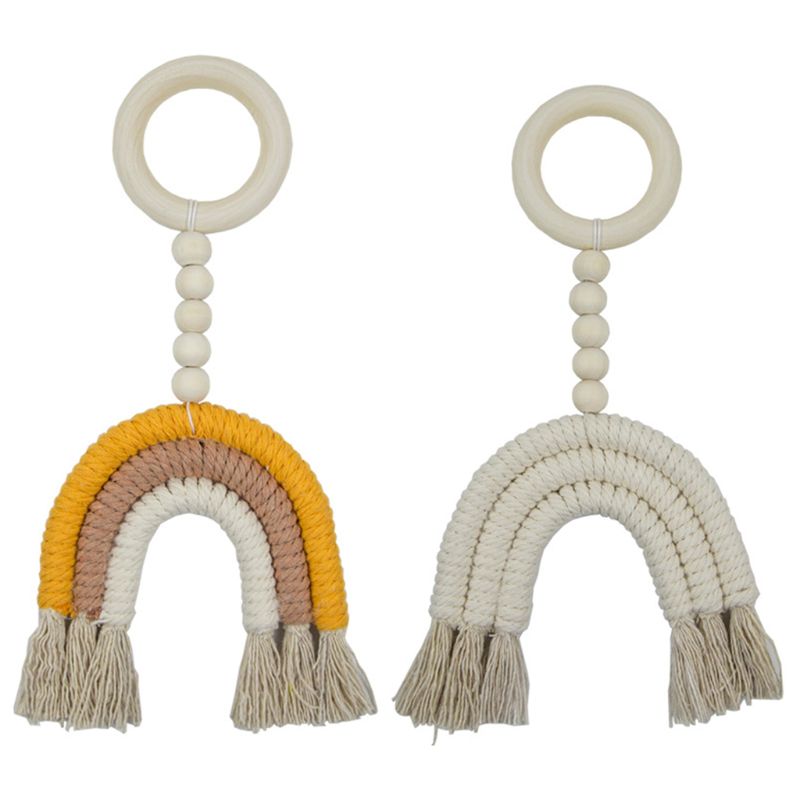 Weaving Rainbow Hanging Baby Teether Toys Crochet Wooden Ring Infant Shower