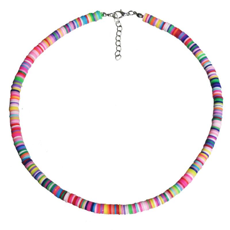 Gargantilla Bohemia con cuentas de barro colorido para playa, collar bohemio de arcilla polimérica de arco iris, joyería ajustable para mujeres y niñas: C