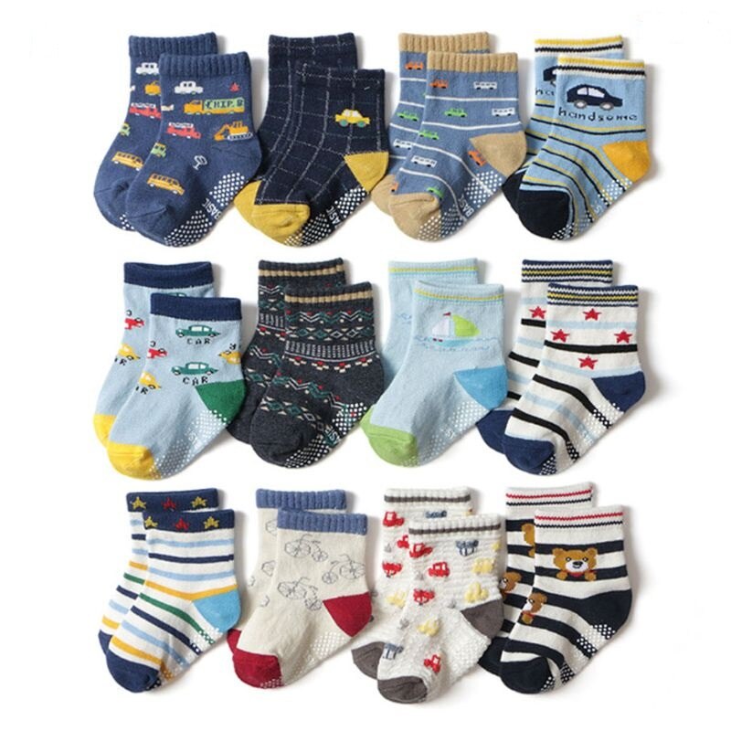 12 par/set crianças da criança do bebê penteados meias de algodão anti-deslizamento dos desenhos animados piso estoque crianças meninos meninas confortável quente sox: M