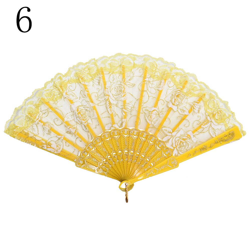 Abanicos de flores para de boda, accesorios para baile de graduación, abanico de verano de encaje de tela española de seda plegable, baile de mano en 10 colores: yellow