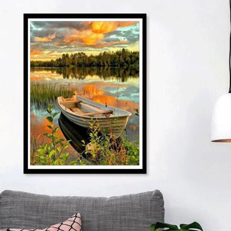 Cross Stitch Explosion Models DIY Painting 5D Cross Stitch Full Drill Lakeside Boat Woods Landscape Sunset Bedroom Paintings