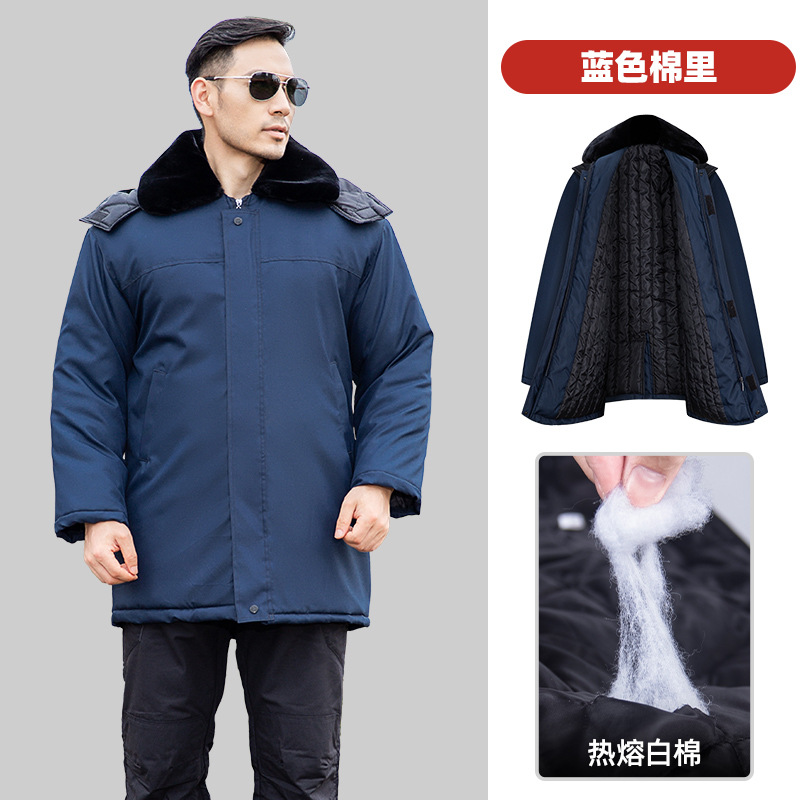 Blauwe Lange Jurk Leger Katoen Gewatteerde Jas Mannen Warme Arbeid Bescherming Katoen Gevoerde Kleding Winddicht Waterdicht Met hoed Winter S: L(80KG-100KG) / BlueShort