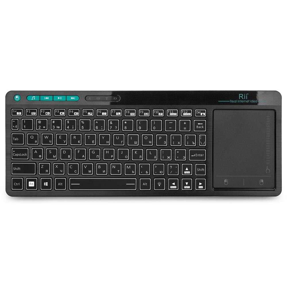 Rii  k18 plus draadloos multimediatoetsenbord (russisch/amerikaans/frans/hebreeuws) met 3- led-kleurenachtergrondverlichting en multitouch voor tv-box en pc: Russisch toetsenbord