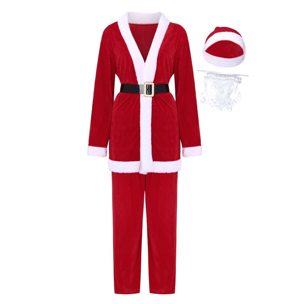 Moda masculina natal papai noel traje vermelho longo mangas compridas com decote em v natal tops + calças + cinto + chapéu bigode cosplay roupas conjunto # g3