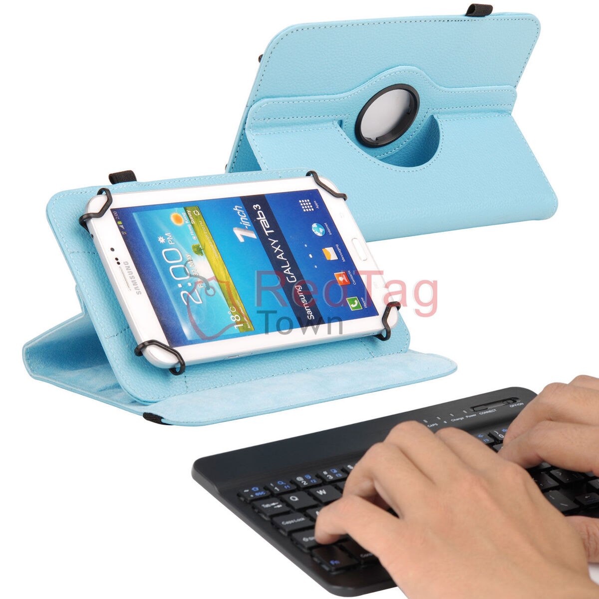 Rotating PU Leather Case with Bluetooth Keyboard for 7" RCA 7 Voyager II 2 / Pro Tablet Stands: light blue