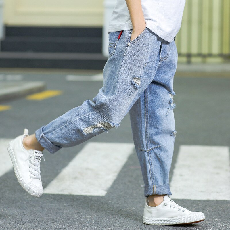 Crianças jeans meninos adolescentes outono clássico calça longa moda buraco denim calças jeans criança casual para meninos roupas 10 anos 6-14y