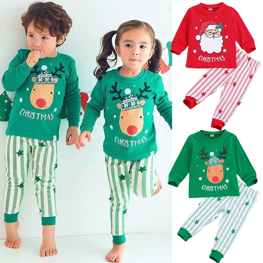 freundlicher Weihnachten Pyjama einstellen Santa Claus Elch Druck Langarm zur Seite fahren Streifen Hosen Herbst Winter freundlicher Junge Mädchen Nachtwäsche