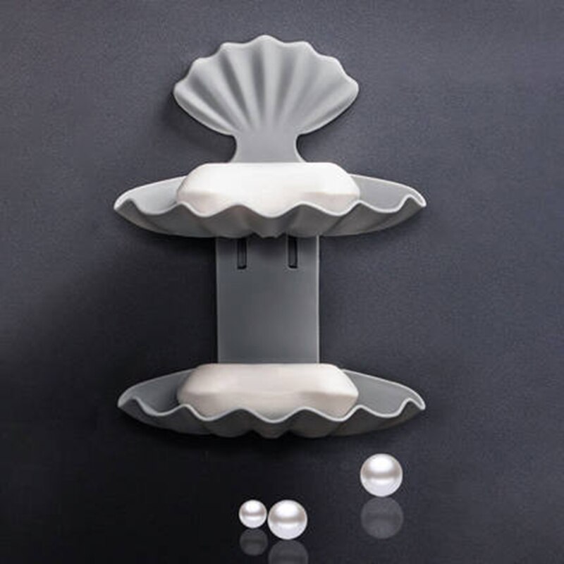 Jabonera con ventosa doble para el baño, accesorios para el baño, caja de almacenamiento, contenedor de plástico sin perforaciones, concha marina: Gray Double layer