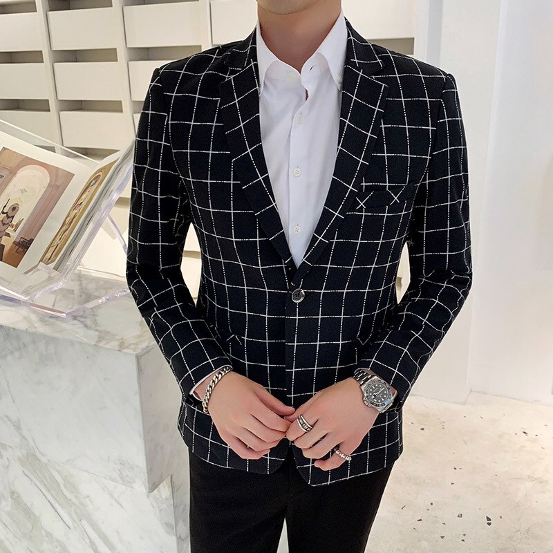 Herre jakkesæt herre blazer plus size casual herre plaid blazer jakke langærmet business jakkesæt frakker herre: Sort / Xxl