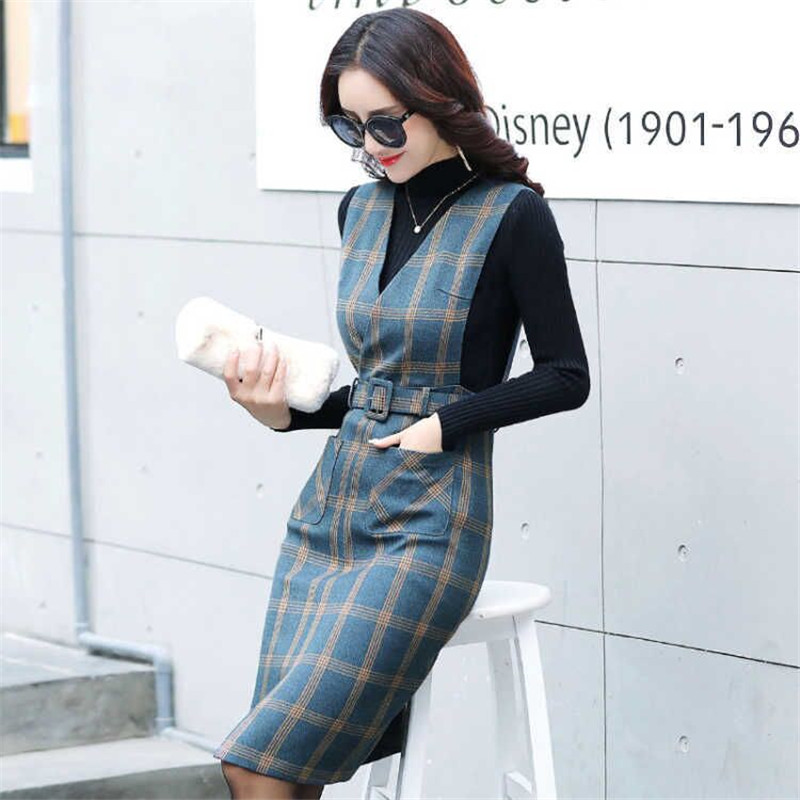 Frauen Frühling Herbst Weste Kleid V-ausschnitt Gurt Kleid Jahrgang Ärmel Tasche Plaid Kleid Weibliche Dünne Gürtel Kleider Vestidos Y547: XXL / königlich Blau