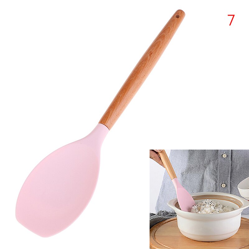 Food-Grade Non-Toxic Silicone Cooking Utensils Set Non-Stick Spatula Shovel Wooden Handle Cooking Tools Set: 7