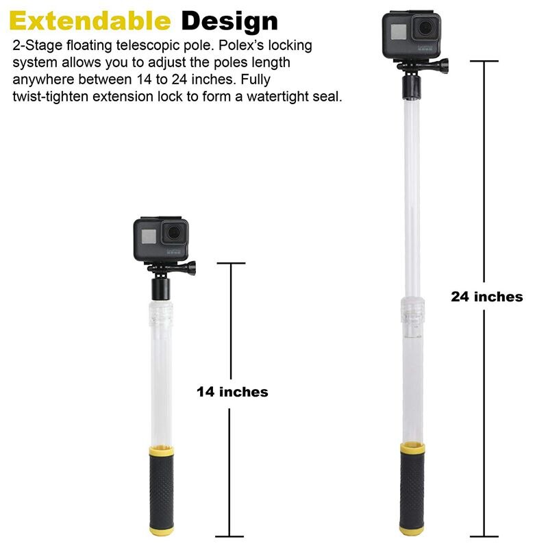 Waterproof Selfie Stick for GoPro Extendable Transparent Floaty Pole for GoPro Hero Cameras, 14-24inch Waterproof Telescoping Ha