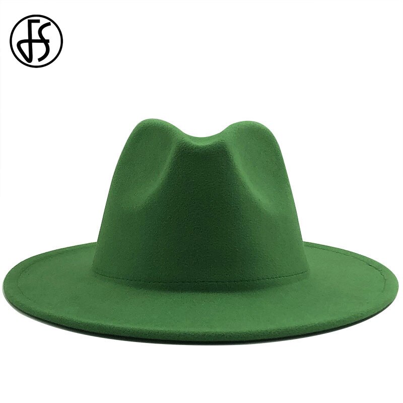 FS Green Red Patchwork Wool Felt Wide Brim Hats Women Jazz Fedora Hat For Men Chapeau Feutre Unisex Panama Trilby Cowboy Cap