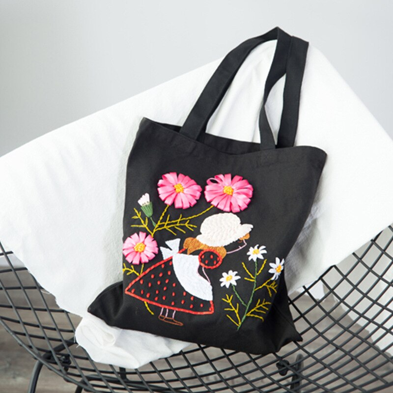 Fiore del nastro Del Ricamo Sacchetti di kit, Borsa Della Tela di canapa Ricamo A Punto Croce impostato per Principianti, Fatto A Mano Mestiere di Cucito Incompiuta