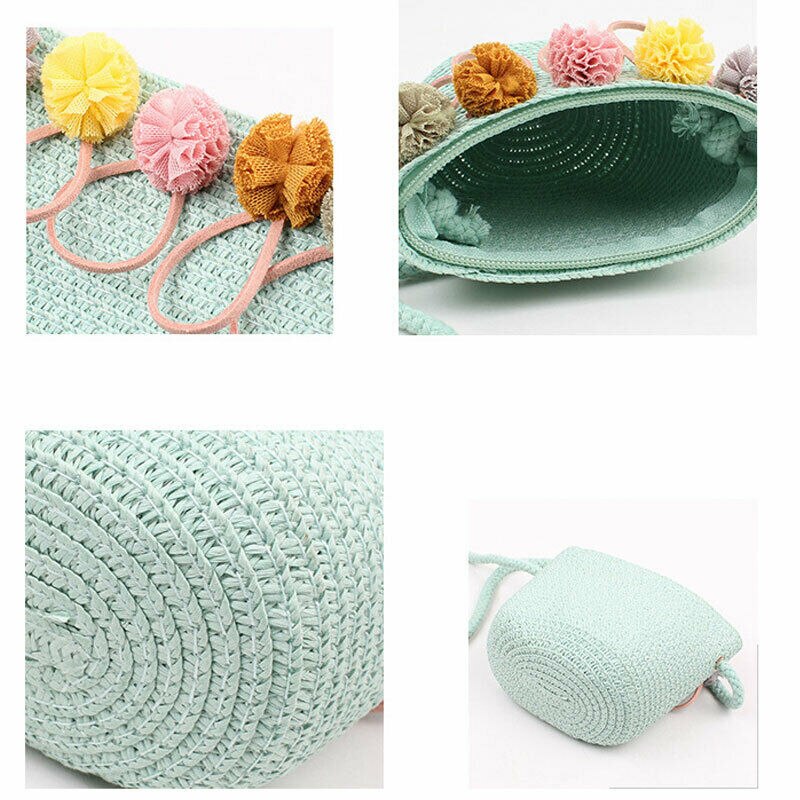 Nyeste baby piger boheme stil rattan strå taske vævet rund håndtaske blomst crossbody messenger tasker strand sommer tasker