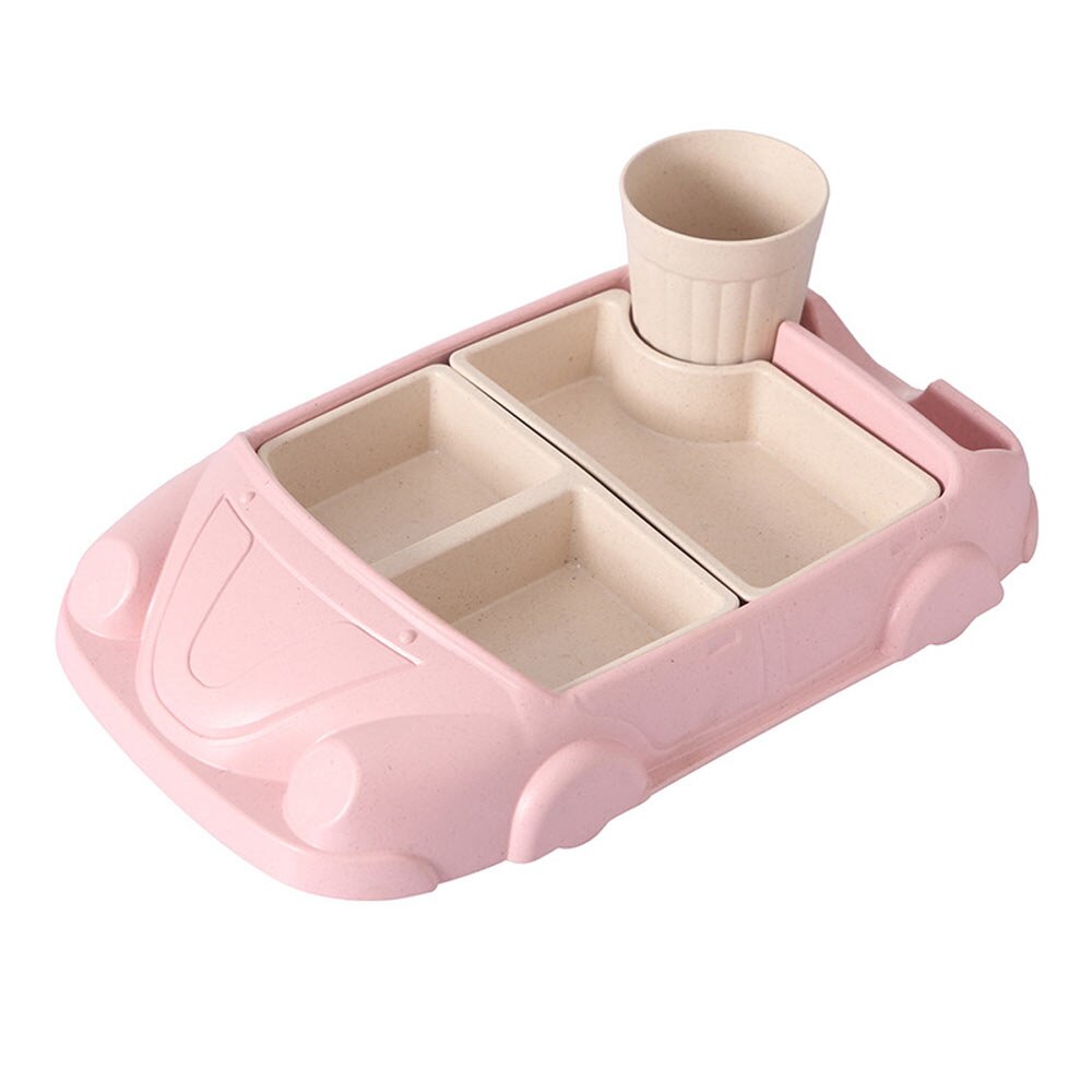 Plato dispensador de platos de coche de dibujos animados para bebé, vajilla para niño, juego de alimentación de fibra de bambú, tazón, utensilios, accesorios de comida: Pink A
