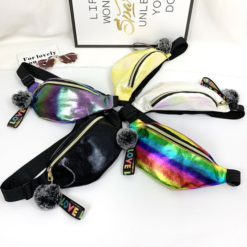 Delle Ragazze Delle donne del Pacchetto Della Vita di Arcobaleno Colorato di Fanny Sacchetto Della Cinghia Del Sacchetto Pom Amore Della Nappa Del Sacchetto Hip Bum Borse Da Viaggio di Sport Piccola Borsa di modo di Nuovo