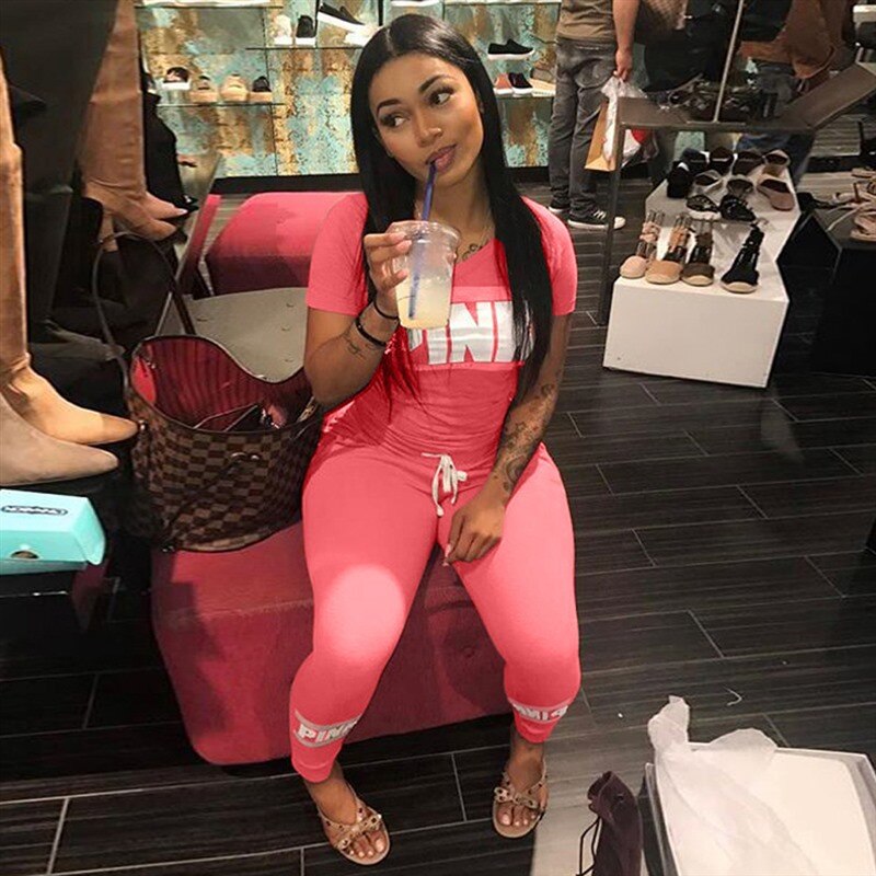 Pink Letter Print 2pcs Tracksuits Women Two Piece Set Street T-shirt Tops And Jogger Set Suits Casual 2pcs Outfits: pink / M