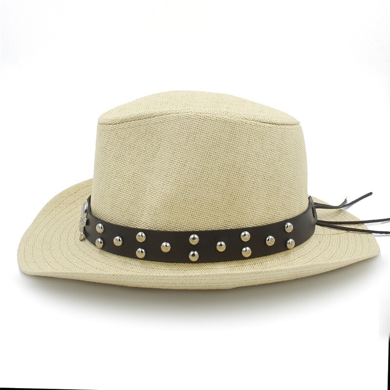 Men Straw Western Cowboy Hat With Roll Up Brim Summer Gentleman Cow Sombrero Cap With Belt