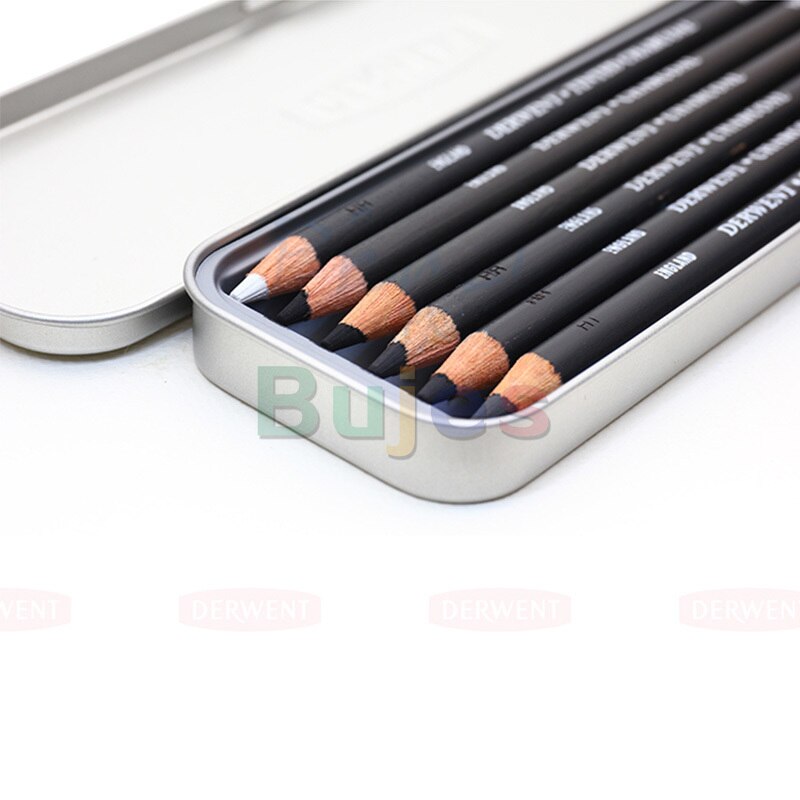 Derwent Houtskool Potloden, Metalen Tin, 6 Count (0700838), Zwart/Wit, Houtskool Potlood, schetsen Potloden