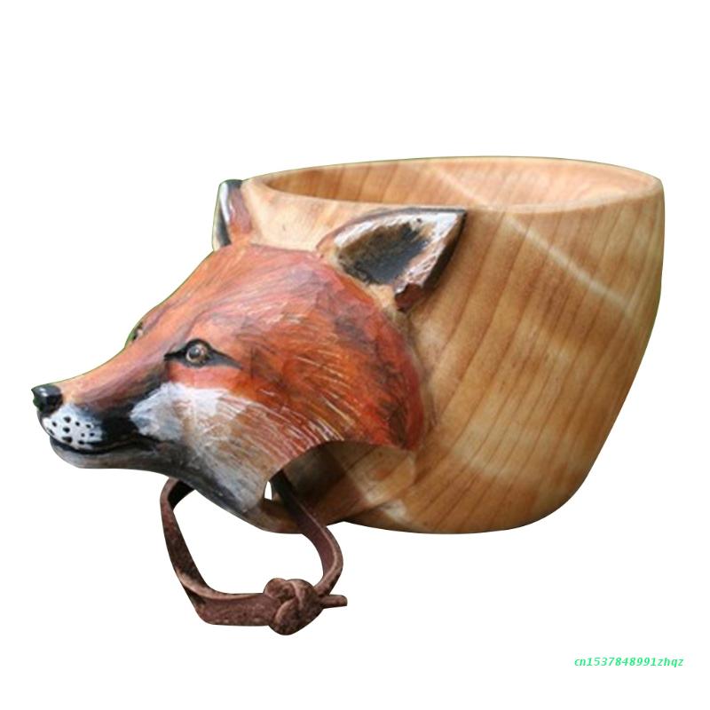 Hand Gesneden Rubber Houten Mok Dieren Hoofd Afbeelding Cup Houten Dier Mok Vorm Draagbare Camping Drinkbeker Drinkbekers