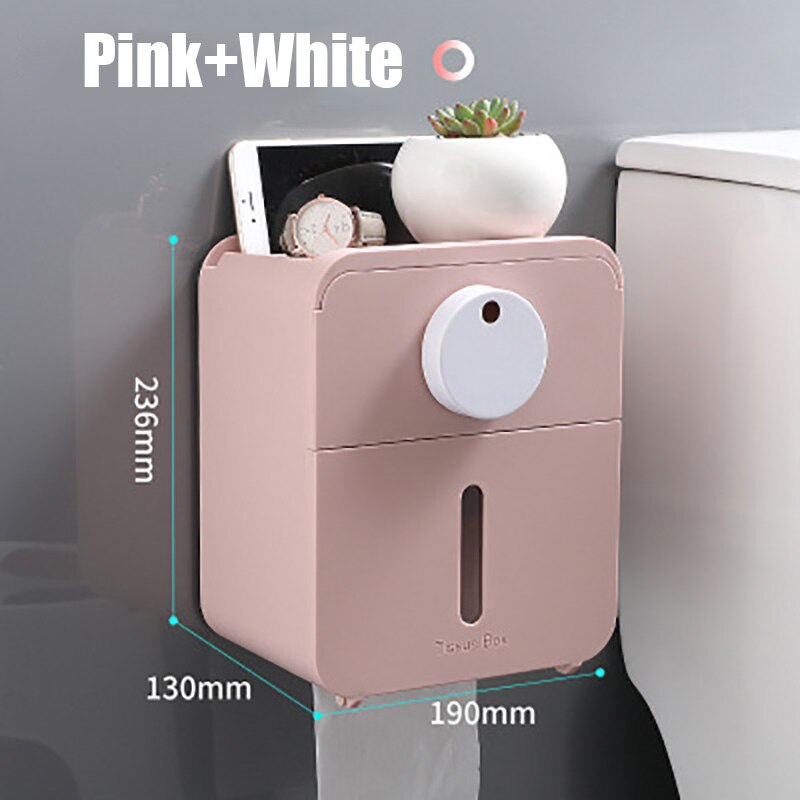 Baispo dobbeltlags tissueboks i toilet vægmonteret papirholder drænbar servietholder wc organizer badeværelsestilbehør sæt: Lyserød-hvid