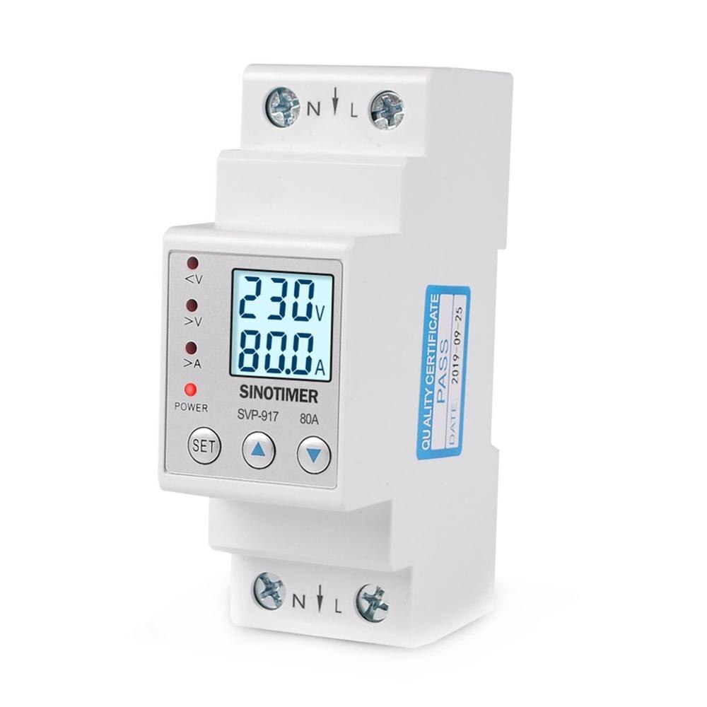 SINOTIMER 63A 80A Din Rail Adjustable Over Under Voltage Protective Device Current Limit Protection Voltmeter Ammeter Kwh: 80A