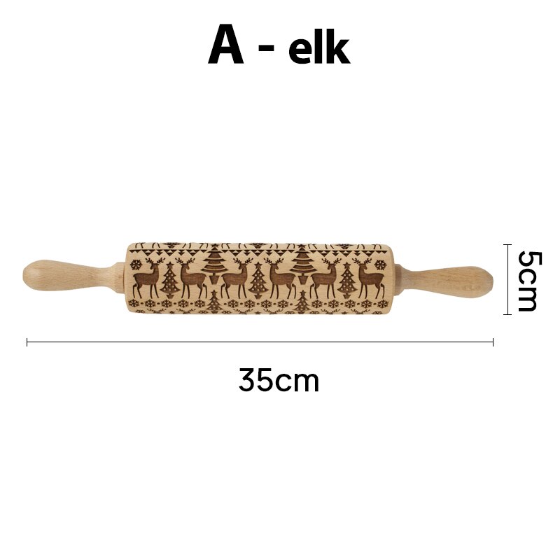 Christmas Embossing Rolling Pins With Patterns Wooden Roller Baking Embossed Cookies kitchen tools elk Snowflak: A- 35 x 5cm