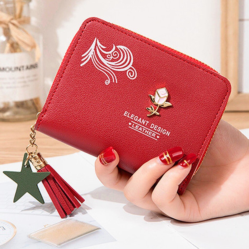 Women’ s Short Solid Color Flower Fringed Leather Wallet Female Simple Travel Outdoor credit card holder purse Mini Cluth Bag: Red