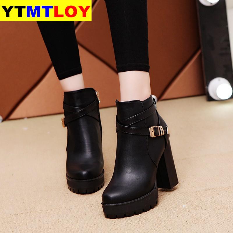 Botas cortas de cuero con estilo para mujer, botines sexis de invierno de tacón alto, zapatos para de boda para mujer, zapatos con hebilla de cristal 35-40