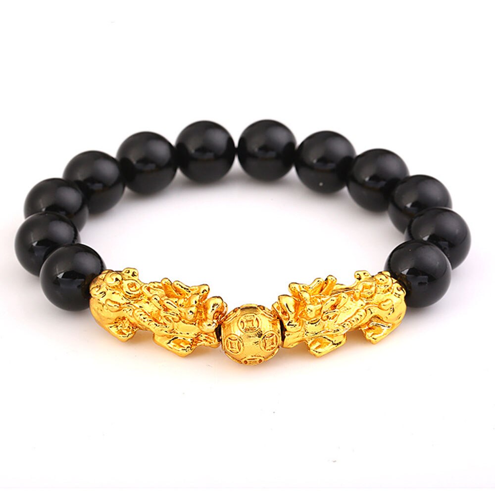 Piedra pulsera con cuentas hombres mujeres Unisex Feng Shui chino Pi Xiu obsidiana pulsera oro riqueza y buena suerte mujeres pulseras