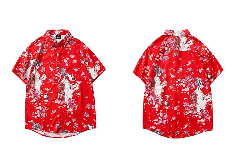 LENSTID Men Hip Hop Cartoon Floral Geisha Printed Hawaiian Shirt Harajuku Streetwear Beach Shirt Summer Short Sleeve Thin Shirts: Red / Asian XXL