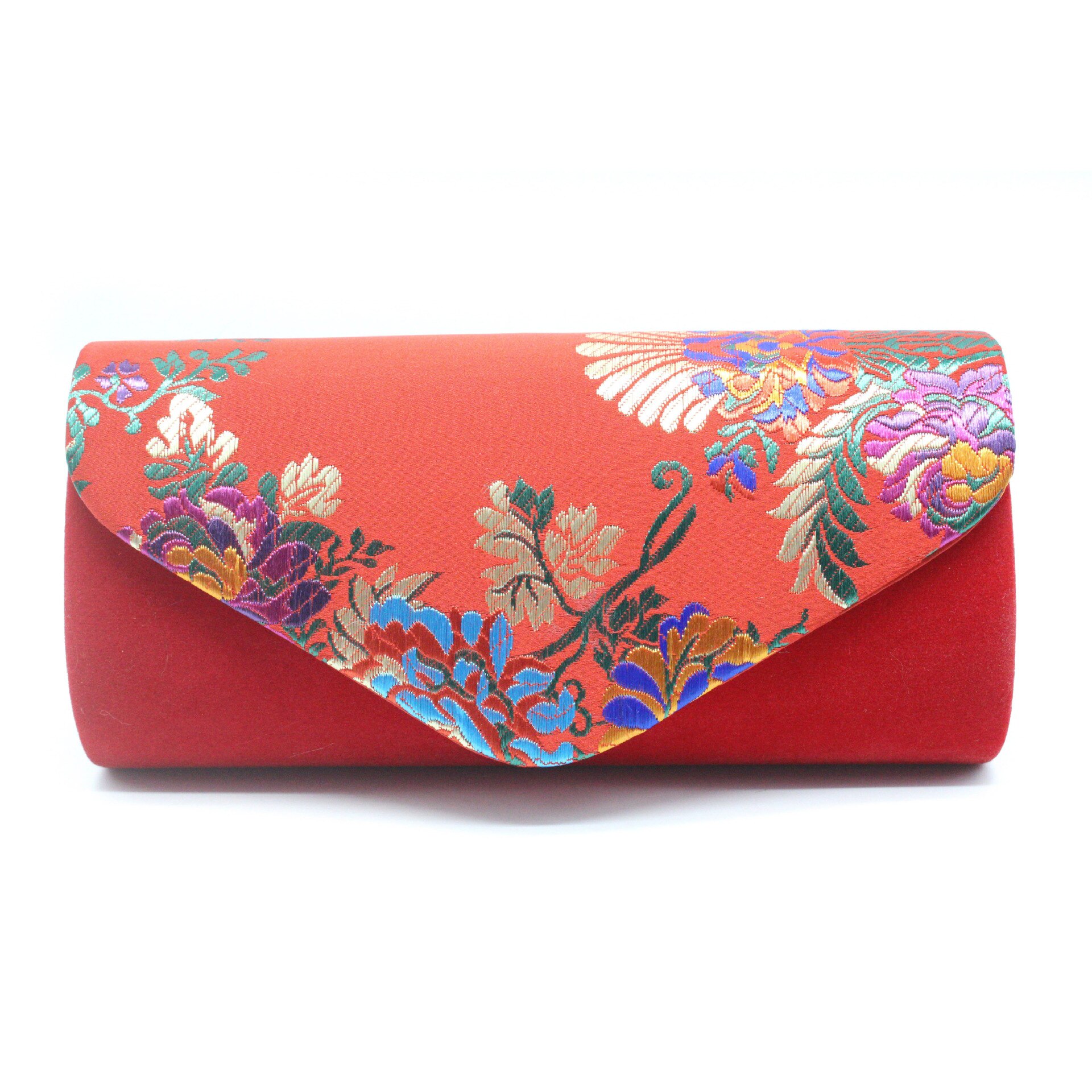 Womens Leuke Kleine Bloem Geborduurde Silklike Fluwelen Clutch Evening Clutch Purse Bag Vrouwen Etnische Bloem Kettingen Partij Handtas: Rood