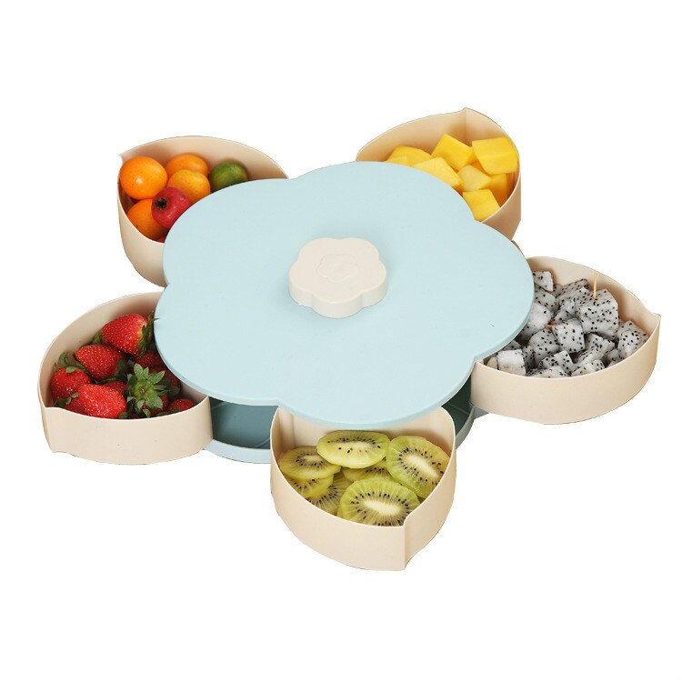 Double Layer Petal Shaped Rotating Candy Box Dish Snacks Tray Five Grid Dried Fruit Case Plastic Container: Large Single blue