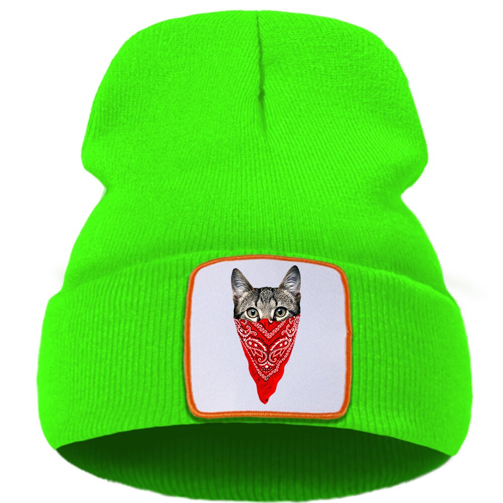 Harajuku djur katt huva keps sport unisex hip hop stickade mössor utomhus casual mössa mössa enfärgad skullies kepsar: Grön 6